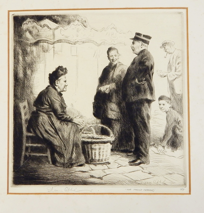 Salomon Van Abbe (1883-1955) 
Etching 
"The Market Inspector", signed, 27cm x 27cm, unframed