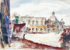 Oliver E Brabbins (1912-1971)
Pen, ink and watercolour drawing 
"Guadalupe, Mexico", figures in a