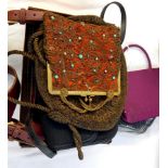 Edwardian chain evening bag with coloured pattern and fringe, the metal fixed frame decorated with