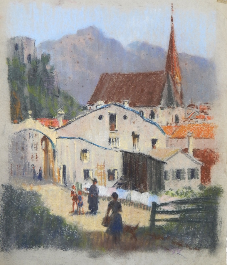 Harry Riley (1895-1966)
Pastel drawings
"Austria", a town scene, dated verso 1958, 52cm x 44cm 
" - Image 2 of 3