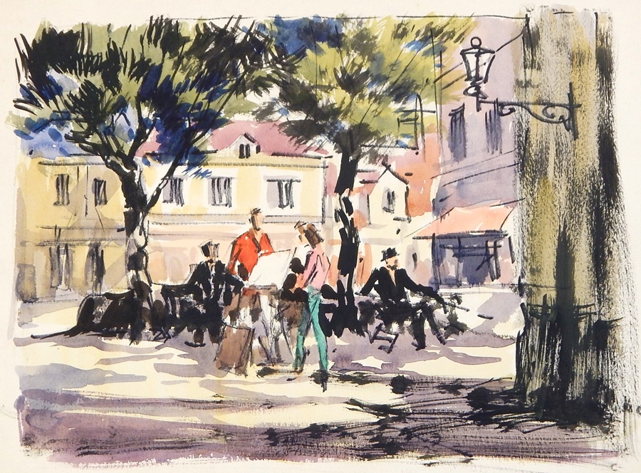 Harry Riley (1895-1966)
Watercolour drawings 
"Montmartre", 49cm x 39cm
"Marketplace", 38cm x - Image 2 of 2