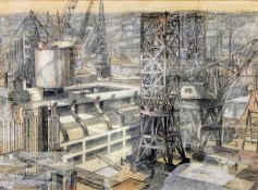 Thomas Symington Halliday 
Pastel and ink drawing
Boatyard scene with industrial townscape in the