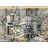 Thomas Symington Halliday 
Pastel and ink drawing
Boatyard scene with industrial townscape in the