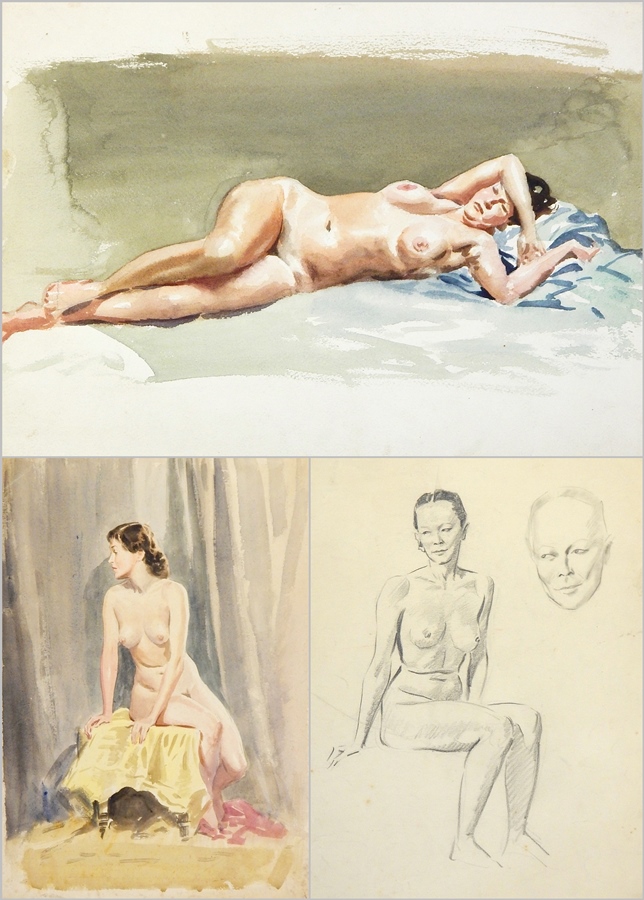 Harry Riley (1895-1966)
Watercolour
Reclining female nude figure, 53x39cm, unframed.
and a