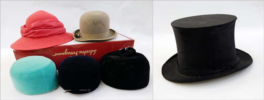 A midnight blue velvet Christian Dior pillbox hat with hat pin, similar in black and another in