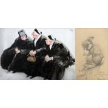 Alfred Leeks
Watercolour drawing
Three Breton women, signed, 23cm x 34cm, unframed 
Chalk drawing
