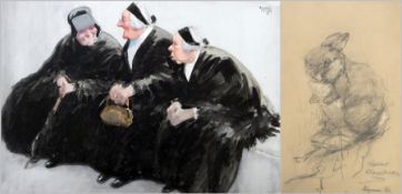 Alfred Leeks
Watercolour drawing
Three Breton women, signed, 23cm x 34cm, unframed 
Chalk drawing