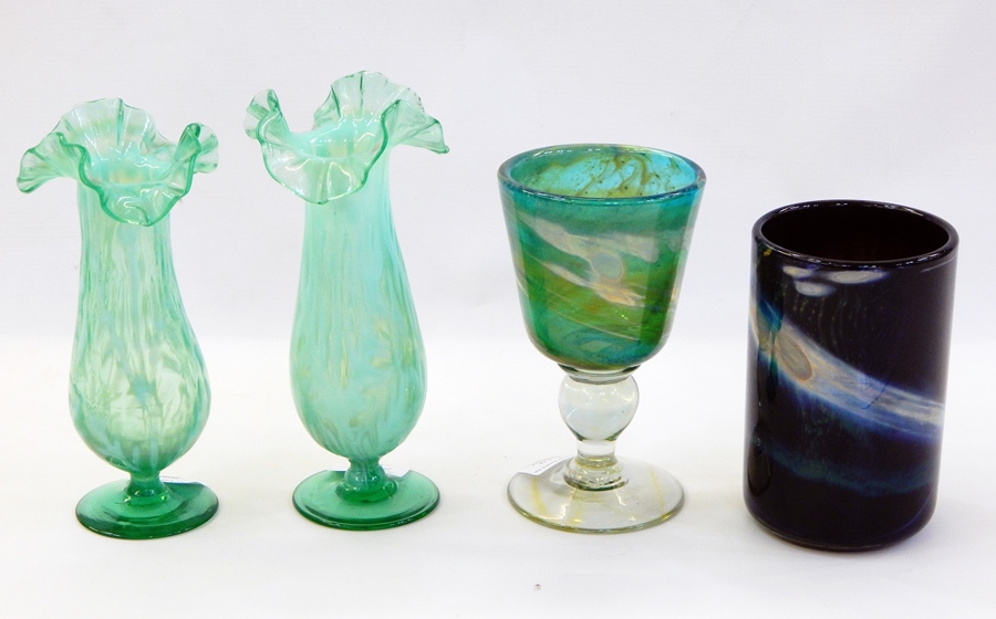 Maltese Phoenician glass cylinder vase, Medina glass goblet and a pair of Victorian green vaseline