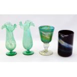 Maltese Phoenician glass cylinder vase, Medina glass goblet and a pair of Victorian green vaseline