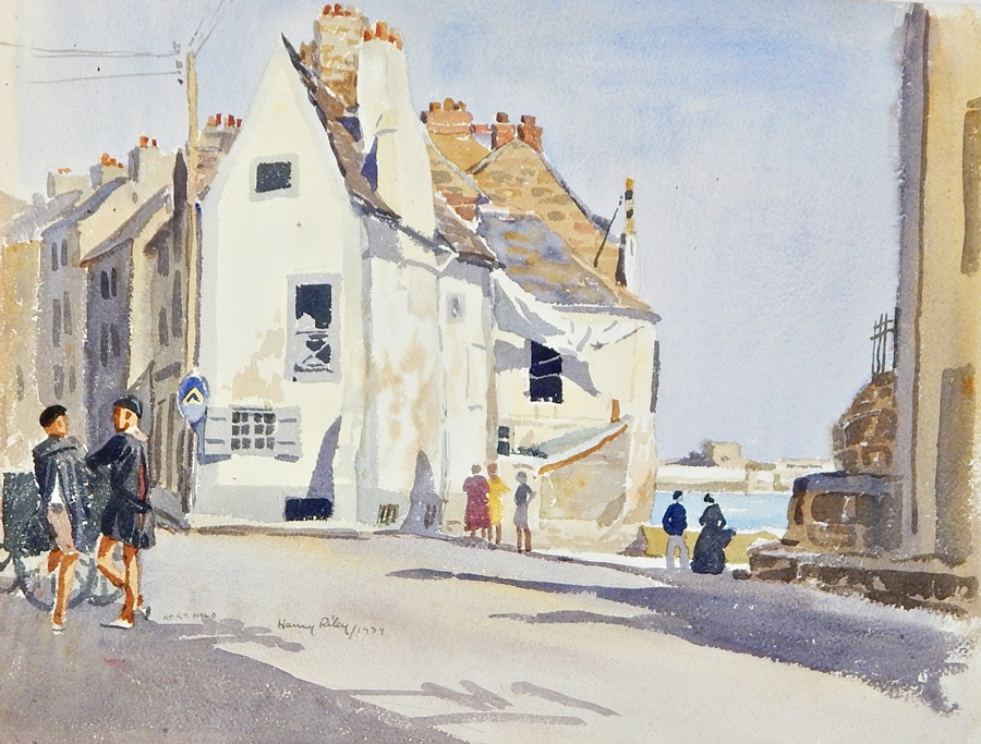 Harry Riley (1895-1966)
Watercolour drawings
"Near Saint-Malo", French street scene with figures, - Image 2 of 3