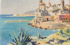 Harry Riley (1895-1966)
Oil on board 
"Costa Brava", dated verso, 26.5cm x 40cm 
Watercolour drawing