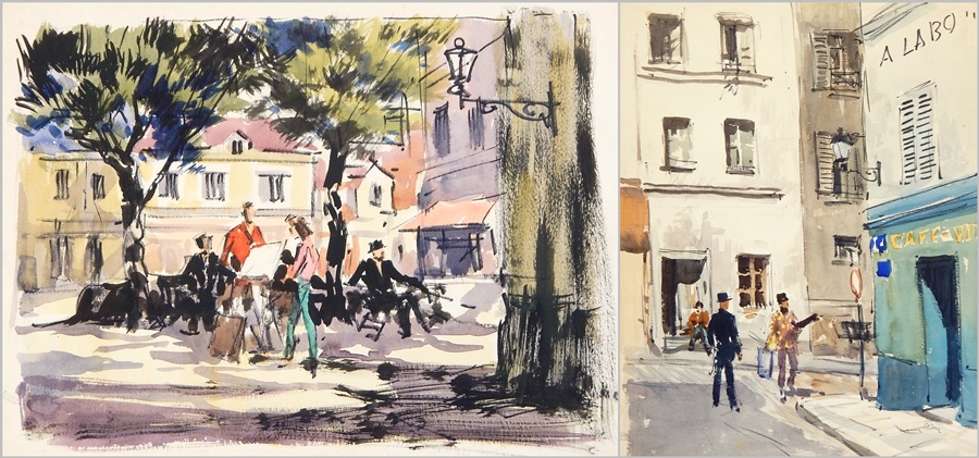 Harry Riley (1895-1966)
Watercolour drawings 
"Montmartre", 49cm x 39cm
"Marketplace", 38cm x