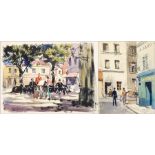 Harry Riley (1895-1966)
Watercolour drawings 
"Montmartre", 49cm x 39cm
"Marketplace", 38cm x