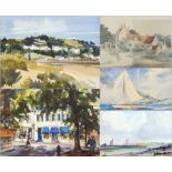 A quantity of watercolours, one by Pearce, watercolour of beach scene and others, unframed  Live