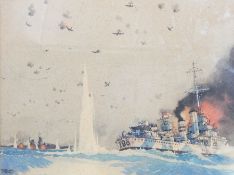 Fred Jay Girling 
Watercolour drawing
HMS Worcester under attack from bombers and fighter jets,