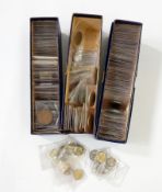 Three boxes of coins including pre-1947 silver coinage, some pre-1920,