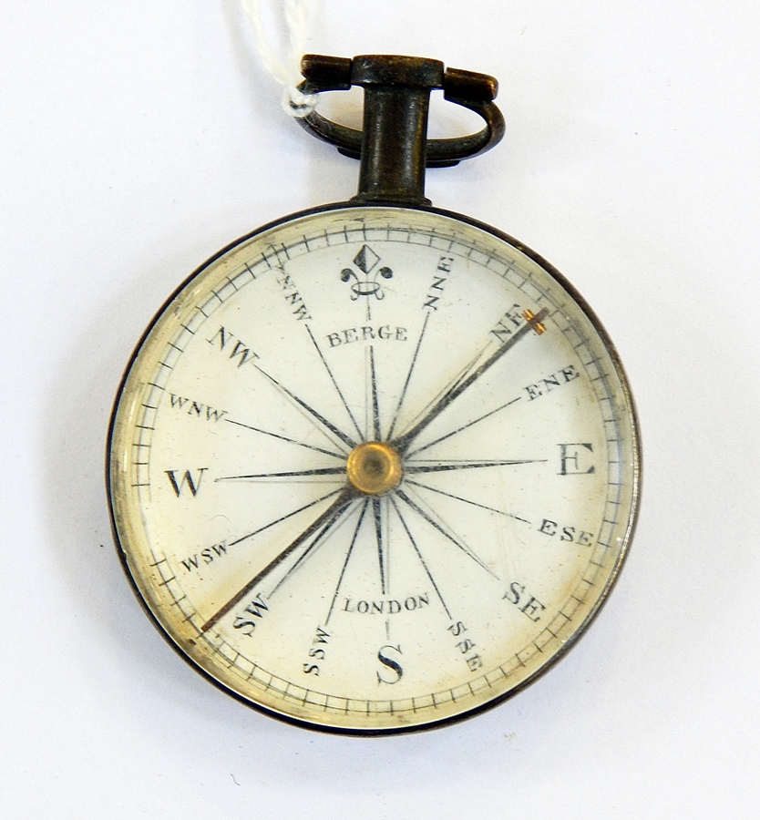 George III silver compass by Berge, circular and plain with bar and loop handle,