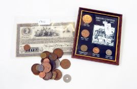 Various selection of English and foreign coins plus 19th century bank specimen London five pound