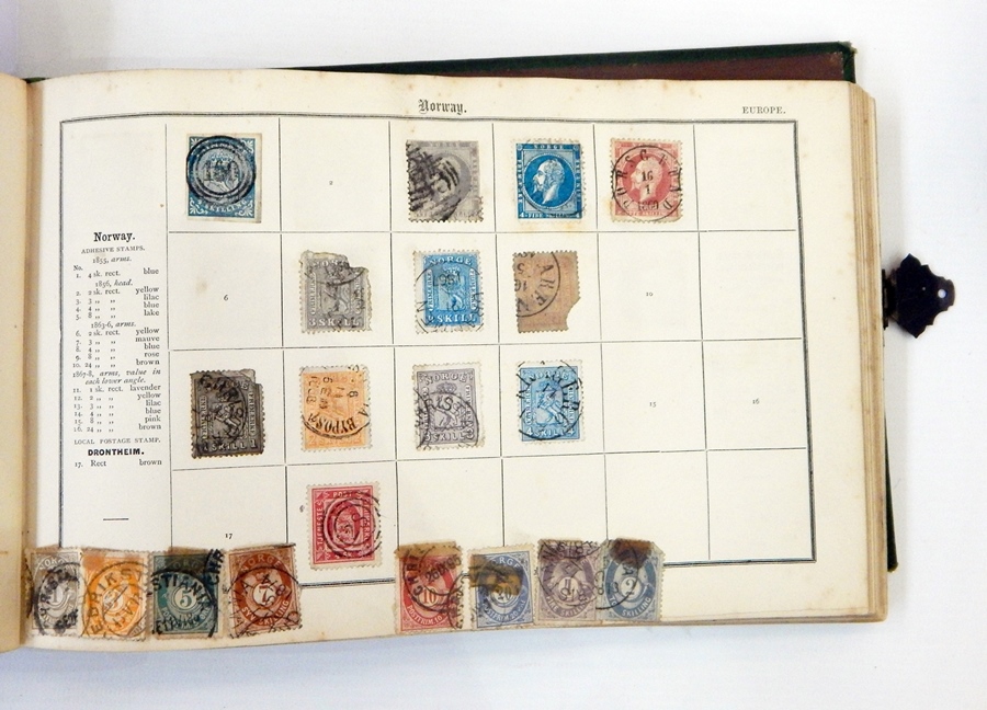 Stafford Smith stamp album with a good selection of early world stamps, mixed condition,