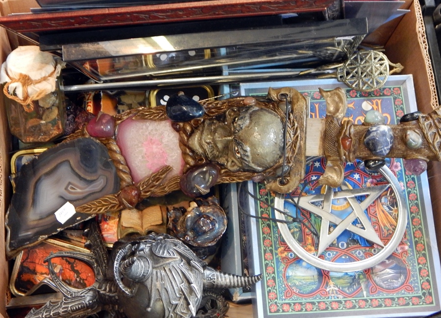 A quantity of fantasy related objects including games, hardstone encrusted decorative dagger,