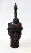 20th century Benin bronze bust, head of a king wearing ceremonial headdress with pointed spike (af),