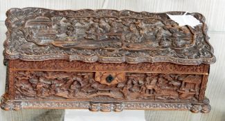 Chinese carved box, rectangular with serpentine sides, carved with scenes of figures,