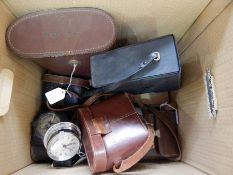 Ensign camera, four binoculars and field glasses, compass, telescopes,