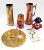 Large and small ammunition shells, a brass sundial, magnifying glass, Russian doll,