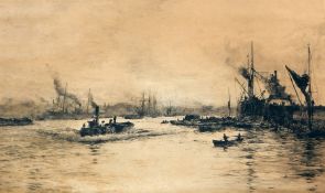 W J Wyllie
Original etching 
Busy estuary scene, 28cm x 47.