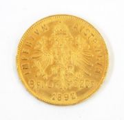 Hungarian 1892 gold 20 franc coin
