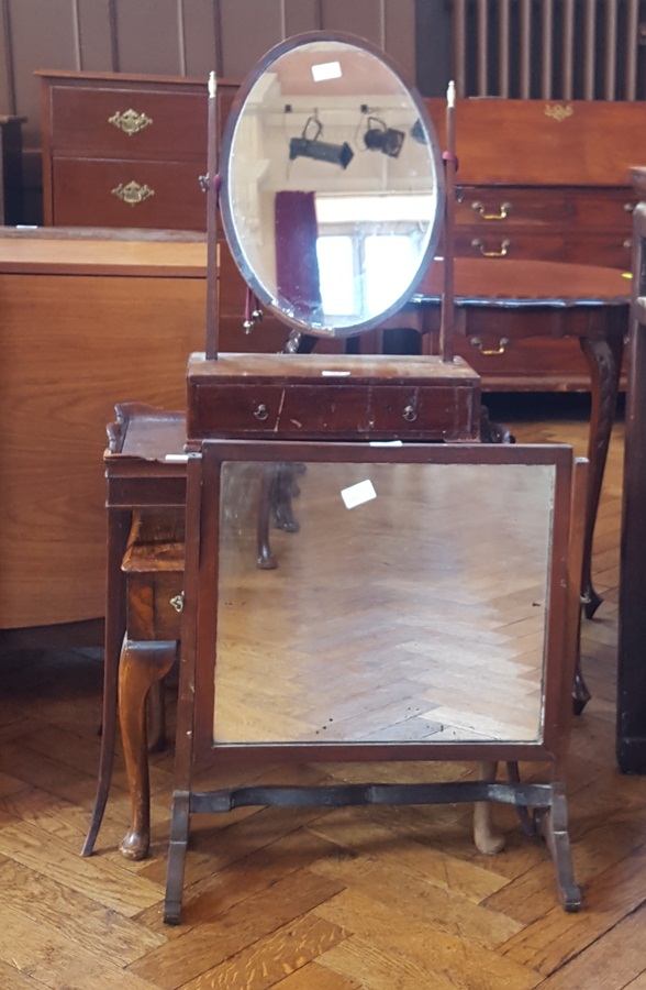 19th century mahogany swing-frame dressing table mirror with box base enclosing drawer,