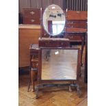 19th century mahogany swing-frame dressing table mirror with box base enclosing drawer,