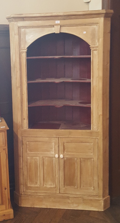 19th century pine floor-standing cabinet with corner cupboard with open shelves,