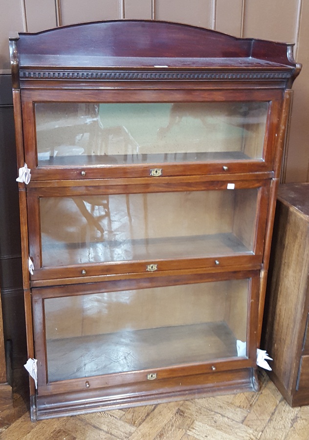 Oak glazed three-tier sectional Lebus bookcase in Globe Wernicke style