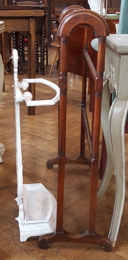 Oak towel rail and Victorian cast iron umbrella stand (2)