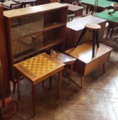 Three-shelf bookcase with glass sliding doors, screen, games table,