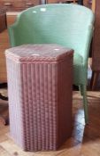 Lloyd Loom style green painted armchair together with hexagonal clothes basket (2)