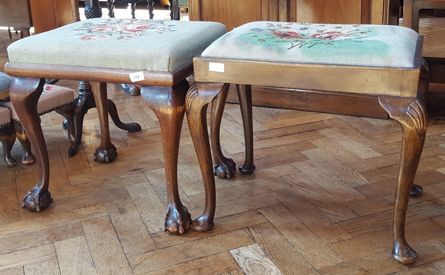 Georgian style mahogany stool with floral needlework top, on cabriole legs with claw and ball feet,