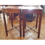 Pair Georgian style mahogany side tables with gallery tops, C-scroll brackets,