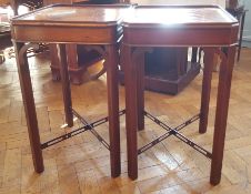 Pair Georgian style mahogany side tables with gallery tops, C-scroll brackets,