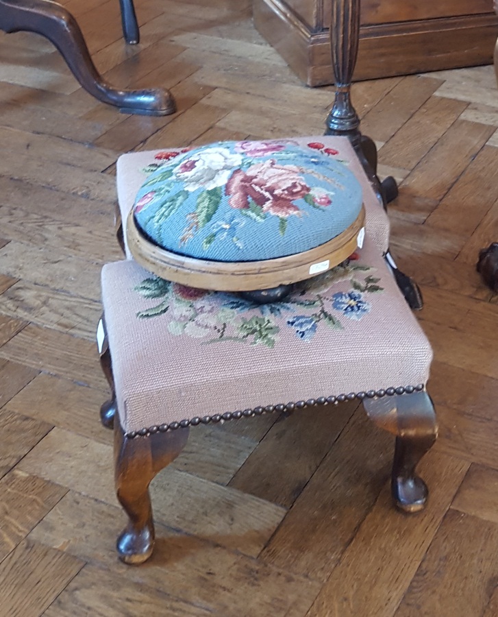 Mahogany jardiniere stand on tripod base and three upholstered top footstools
