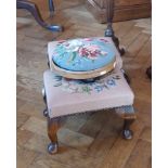 Mahogany jardiniere stand on tripod base and three upholstered top footstools