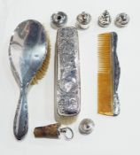 Silver-backed hairbrush, clothes brush and comb, various dates together with six silver stoppers,
