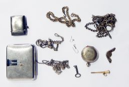 Silver-coloured metal ornate watch chain, silver vesta case, propelling pencil,