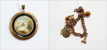 Georgian gold-coloured metal enamel and painted miniature glass locket and rolled gold charm