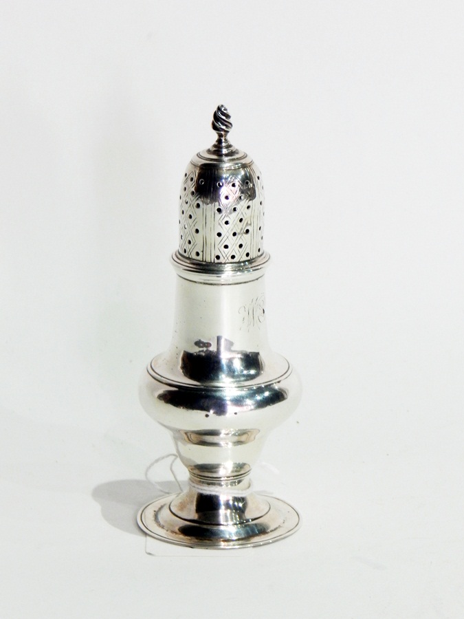 George IV silver pepperette, tapering and bulbous stem on flat base,