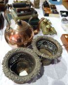 Copper spirit kettle and wine bottle coasters with pierced and floral surround