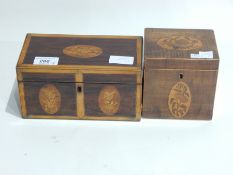 Regency rosewood inlaid tea caddy with fitted interior and another single compartment tea caddy