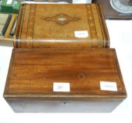 Victorian walnut parquetry inlaid workbox and a mahogany tea caddy