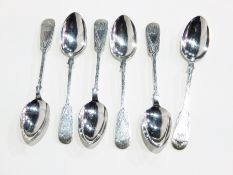 Set of six Victorian fiddle pattern teaspoons with bright-cut engraving, Exeter 1879, 3oz approx.